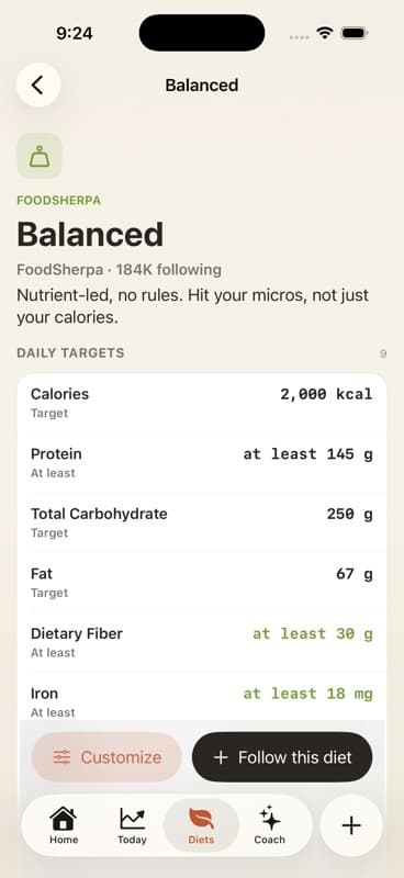 FoodSherpa balanced diet target screen