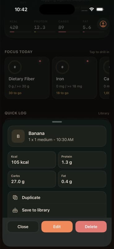 FoodSherpa logged food action sheet